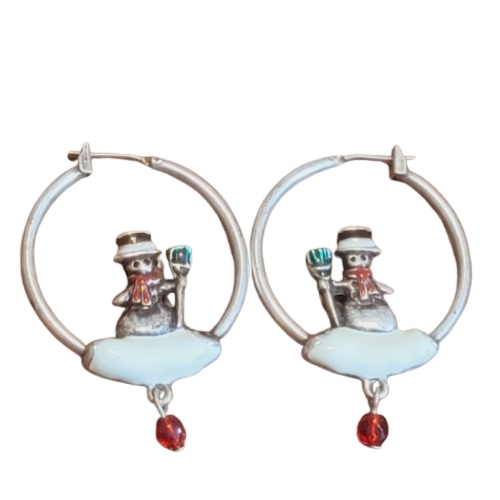 Vintage Silvertone Snowman Hoop Earrings with Red Green Accents Winter Holiday